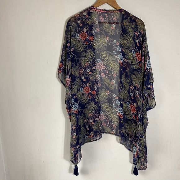 Jolt Blue Semi Sheer Floral Kimono Cover Up‎ SZ XL Duster Tassels Beach Boho - Picture 6 of 8